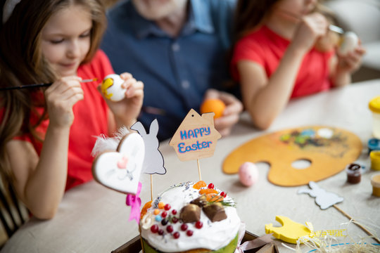 Friendly family and Easter decorations stock photo