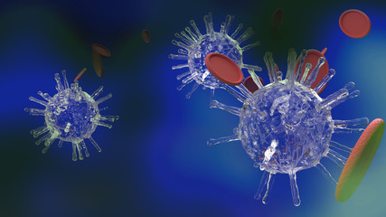 covid 19  virus 3d rendering blue tone  for medical content.