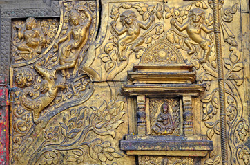 Beautiful ceremonial wall in temple in Nepal. Nepal is known by its crafts, especially wooden crafts.