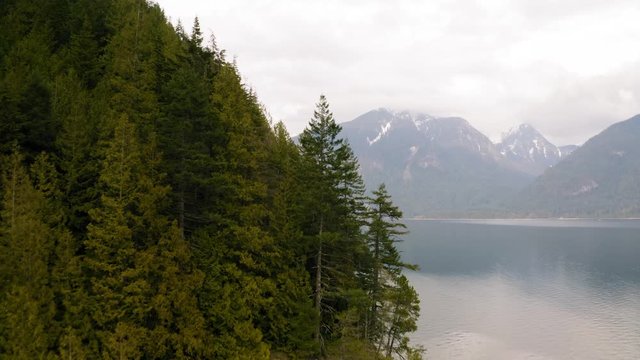Drone flying through trees towards view of beautiful lake view 