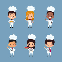 set of children chef cooks. Cartoon mascots character in dynamic poses. People boy and girl chef in white hat, vector illustration 