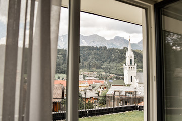 Fototapeta na wymiar austrian village through the window