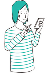 手描き1color カジュアルな男性　スマホ操作　困る