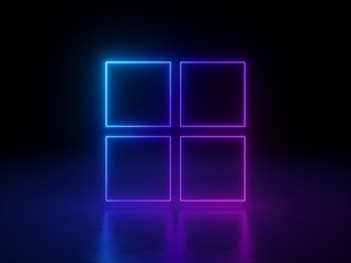 3d render. Abstract neon window symbol, isolated on black background. Blue pink glowing squares, blank frames.