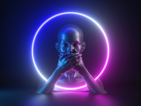 3d render, abstract neon light background with mannequin body parts. Female head, hands, closed mouth. Round frame. Social metaphor: voiceless, speechless, suppressing the truth, hiding the secret