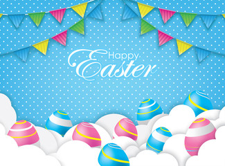 Happy Easter Card with 3D Colorful Eggs and Papercraft Cloud. Spring Event Vector Illustration. Place Your Text Here