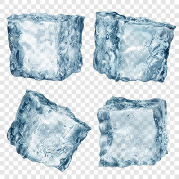 Set of four realistic translucent ice cubes in light blue color isolated on transparent background. Transparency only in vector format