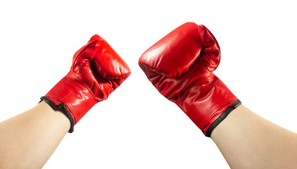 Isolated hands in  red boxing gloves.