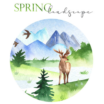 Watercolor card with spring landscape with mountains, meadows, firs, deer