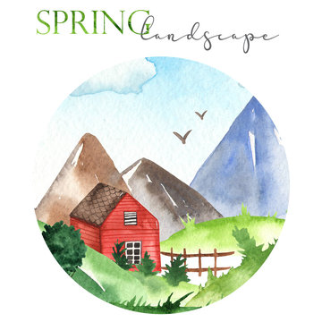 Watercolor card with spring mountain landscape with mountains, houses.