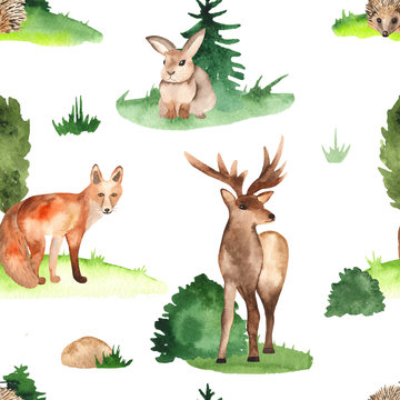 Watercolor seamless pattern with forest animals in the meadow and trees on white background