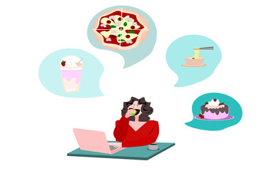 Women working at home and order online. Lady using laptop service food delivery. Vector people illustration on isolate white background.Cartoon charactor person flat design eating food.