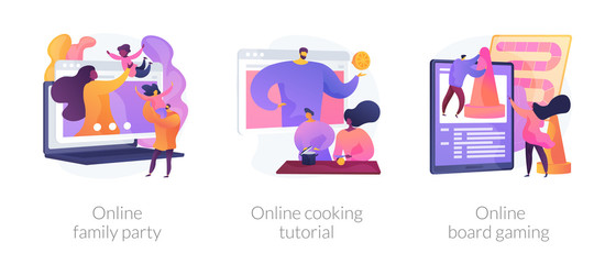 Relatives in self-isolation, quarantine spare time, covid pandemic icons set. Online family party, online cooking tutorial, online board game metaphors. Vector isolated concept metaphor illustrations