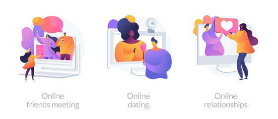Friendship and communication during covid-2019 self-isolation icons set. Online friends meeting, online dating and relationship, self-isolation metaphor. Vector isolated concept metaphor illustrations