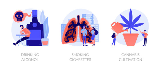 Booze dependence, nicotine addiction, marijuana growing icons set. Drinking alcohol, smoking cigarettes, cannabis cultivation metaphors. Vector isolated concept metaphor illustrations © Visual Generation