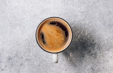 Coffee cup on gray background. Minimal concept. Flat lay, top view
