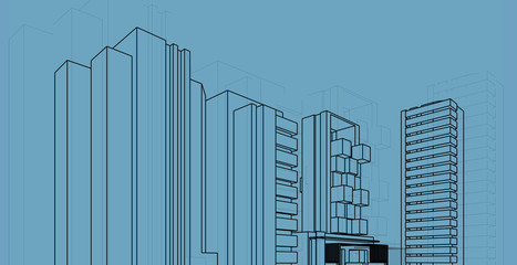 Perspective outline architecture building 3d illustration, modern urban architecture abstract background design