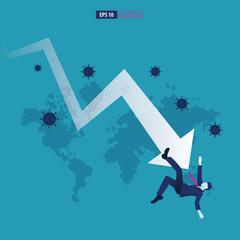 Economic downturn caused by a Coronavirus pandemic or COVID-19 concept. Businessman faces an economic crisis which is marked by arrow symbol. Vector illustration