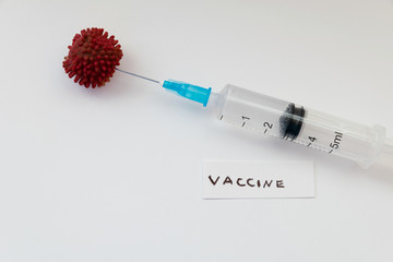 SARS-CoV-2 .A needle of a syringe in a virus and a vaccine in a syringe against Covid 19 on a white...