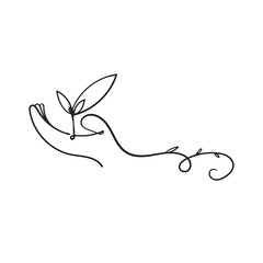 Obraz premium hand drawn seeds grow in the palm of the hand illustration with continuous line art style vector isolated