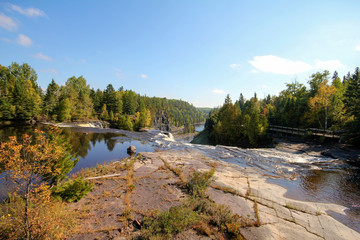 Fototapeta na wymiar A look at the gorge from the top of Kakabeka Falls in Thunder Bay, Ontario, Canada
