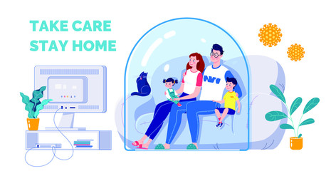 The concept of quarantine self-isolation. The family is sitting on the couch under a glass cap and watching TV. Virus protection. Vector. Flat cartoon style