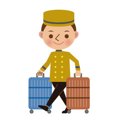 お客様の荷物(スーツケース)を運ぶホテルフロントのベルボーイ