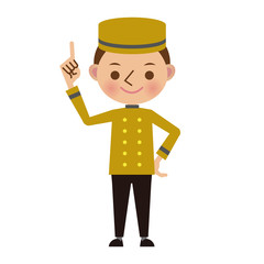 指差しをして解説をするホテルフロントのベルボーイ