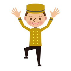 お手上げのポーズをして困った表情のホテルフロントのベルボーイ