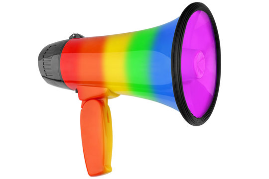Rainbow striped megaphone on white background isolated close up, LGBT community flag color loudspeaker, LGBTQ pride stripes pattern loud-hailer, gay, lesbian etc symbol, free love sign, bullhorn icon