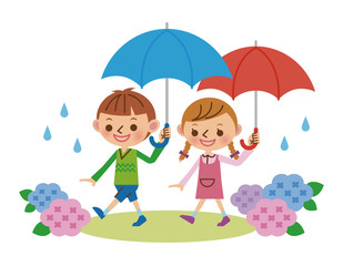 Obraz na płótnie Canvas 雨と子供とアジサイ