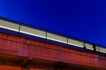 TTC subway train exiting Keele station on the Toronto Bloor line at dusk