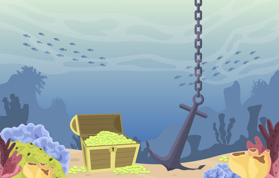 Pirate Gold Treasure Chest Anchor Marine Coral Underwater Ocean Illustration