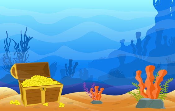 Pirate Gold Treasure Chest Marine Coral Reef Underwater Ocean Illustration