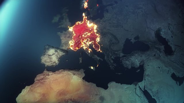 a shot on Europe as the infection is spreading, a shot from space for the earth as we see the European Union with visualization of virus or disease spreading