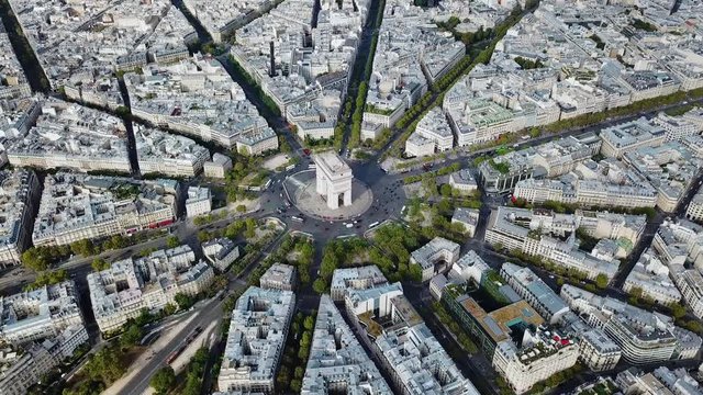 Aerial, orbit, drone shot, of almost empty streets in Paris and the Arc de Triomphe, on a sunny day, in France - Coronavirus outbreak