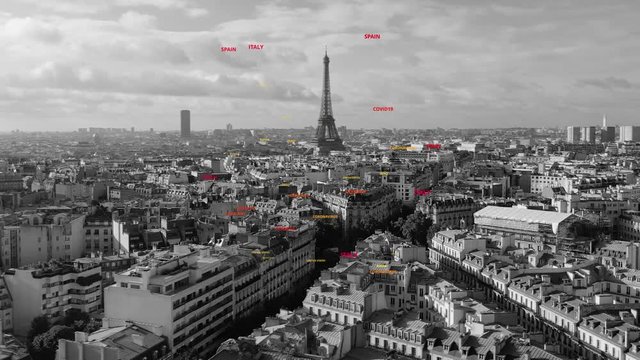 Coronavirus related texts on black and white Paris city background - 3d motion graphics animation