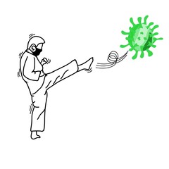 Sketch design of illustration Kicking covid-19 coronavirus 