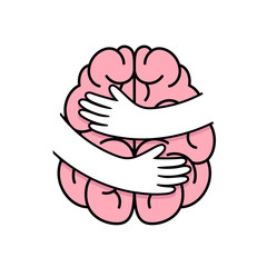 Abstract human brain with hands. Embrace internal organs. Icon design. Health care concept. Illustration on white background.