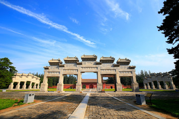 Ancient Chinese architecture, against a blue sky background