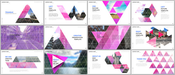 Minimal presentations design, portfolio vector templates with triangular design background, triangle style pattern. Multipurpose template for presentation slide, flyer leaflet, brochure cover, report.