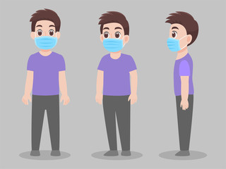 Set of cute Man wearing protective Medical mask for prevent virus Wuhan Covid-19.Corona virus, people wearing a surgical mask. Health careconcept. character pose front side turn around cartoon.