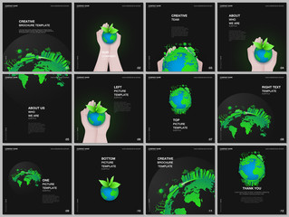 Fototapeta premium Brochure layout of square format covers design templates for square flyer leaflet, brochure design, report, magazine cover. Green world globe in the hands of man. Earth planet health care concept.