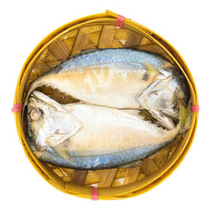 Steamed mackerel (Rastrelliger brachysoma) Container in circular bamboo trays isolated on white...