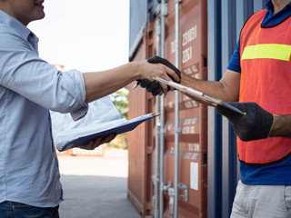 Businessmen ceo manager Customs Broker shake hand Shipper cargo Agreement Packing list Certificate...