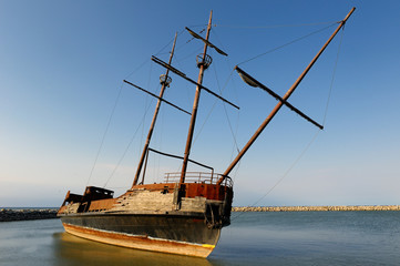 Listing wreckage of the replica of the Cartier Big Weasel in Jordan Harbour Niagara Canada