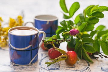 Cup of rose hip tea and fresh rose hip berries and flowers close up on a kitchen table with soft light