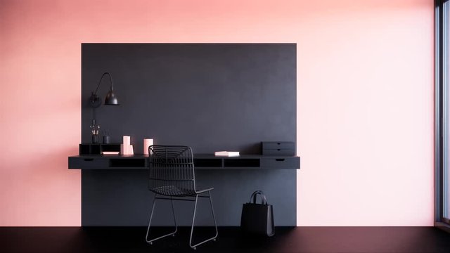 modern home office pink and black interior design, 3d animation video 4k