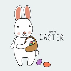 White rabbit and colorful Easter eggs basket, Happy Easter cartoon vector illustration