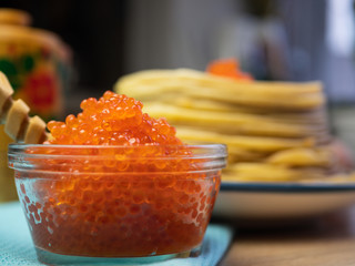 Red caviar with Pancakes, traditional Russian cuisine. Maslenitsa, shrovetide.